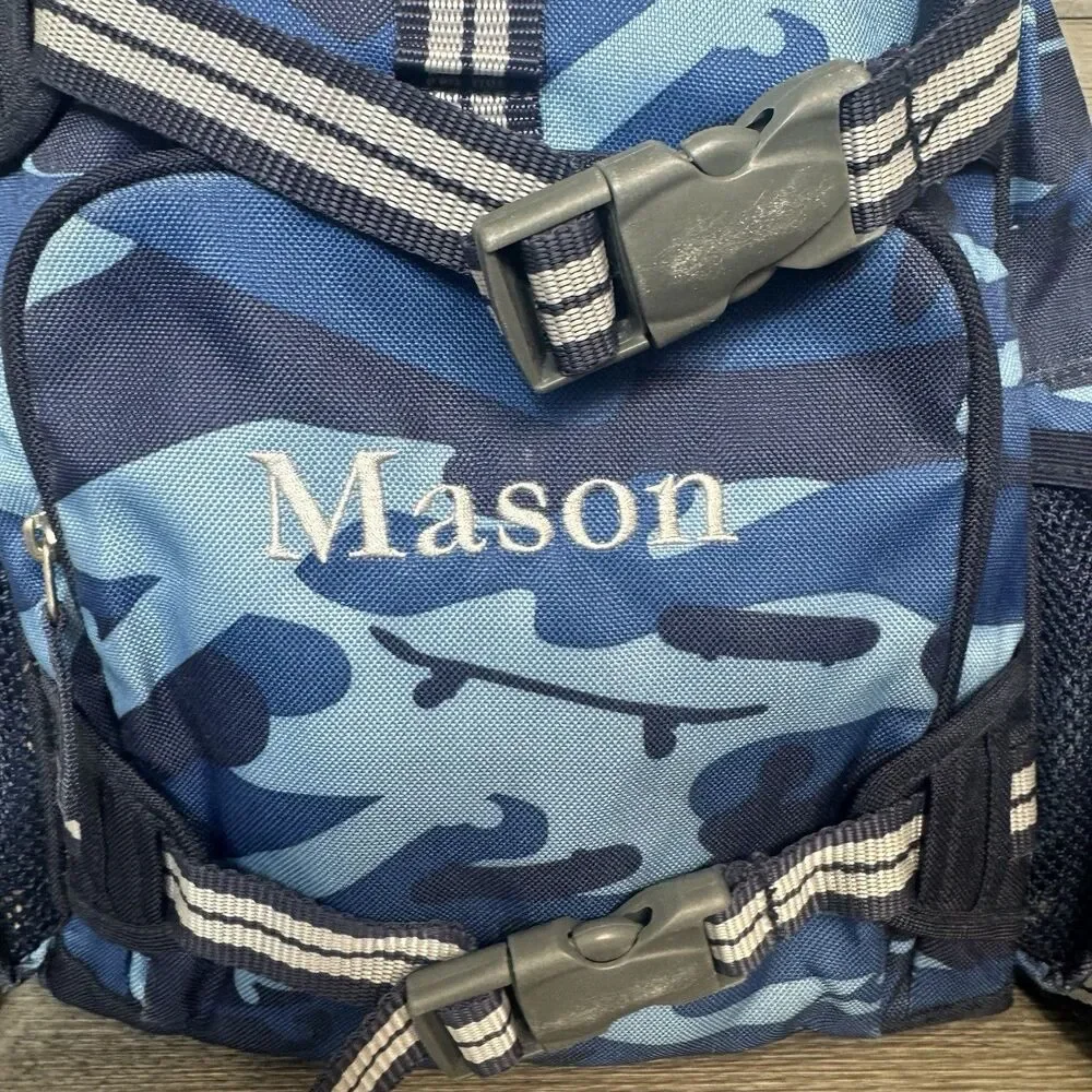 Pottery Barn Kids Mackenzie Navy Blue Skateboard Camo Backpack Small Embroidered